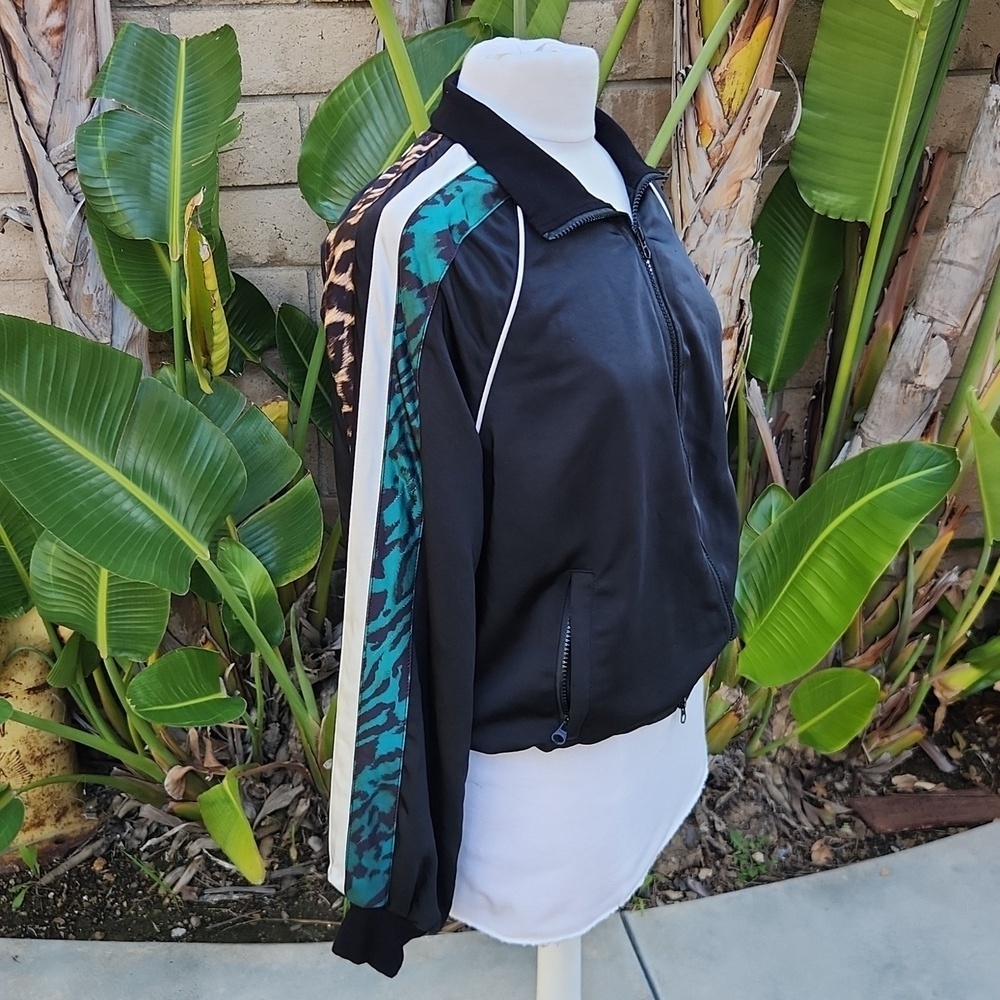 Pam & Gela Track Jacket Black Leopard Animal Print Medium